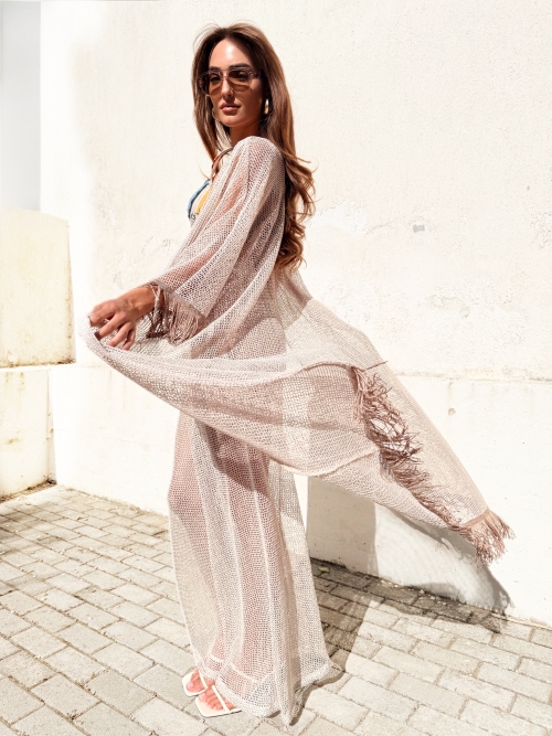 HOLLYSTIC NET KIMONO COVER UP FISHNET ECRU SEQUIN