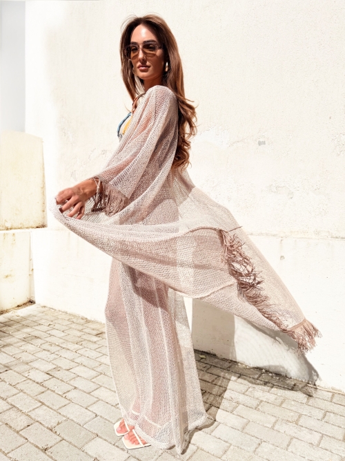 HOLLYSTIC NET KIMONO COVER UP FISHNET ECRU SEQUIN