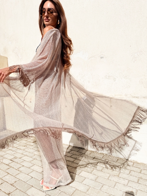 HOLLYSTIC NET KIMONO COVER UP FISHNET ECRU SEQUIN