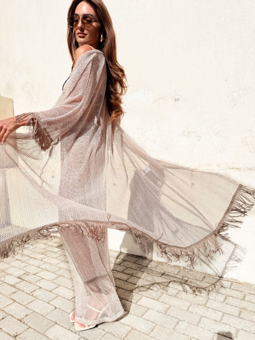 HOLLYSTIC NET KIMONO COVER UP FISHNET ECRU SEQUIN