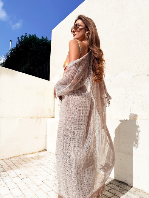 HOLLYSTIC NET KIMONO COVER UP FISHNET ECRU SEQUIN