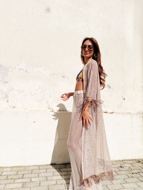 HOLLYSTIC NET KIMONO COVER UP FISHNET ECRU SEQUIN