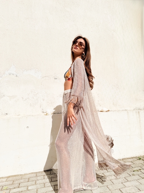 HOLLYSTIC NET KIMONO COVER UP FISHNET ECRU SEQUIN