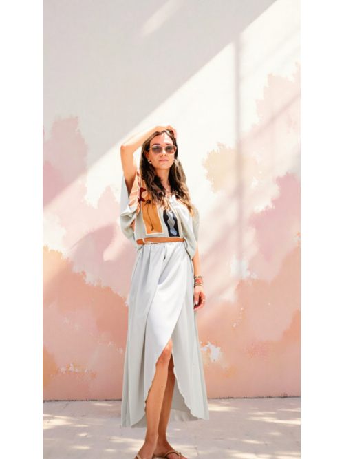 PALMOOR WRAP MIDI DRESS GREIGE-CHASE THE SUN