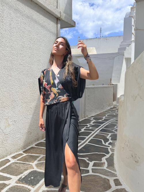 PALMOOR WRAP MIDI DRESS BLACK PALMART PRINT