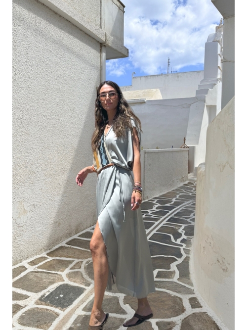 PALMOOR WRAP MIDI DRESS GREIGE-CHASE THE SUN
