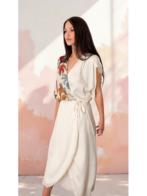 PALMOOR WRAP MIDI DRESS ECRU PALMART PRINT