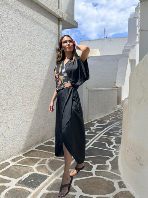 PALMOOR WRAP MIDI DRESS BLACK PALMART PRINT
