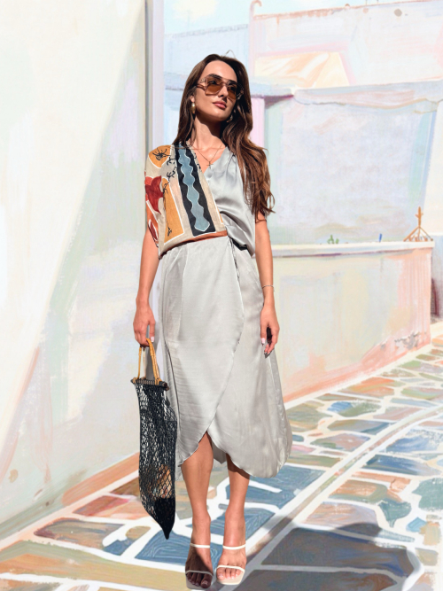 PALMOOR WRAP MIDI DRESS GREIGE-CHASE THE SUN