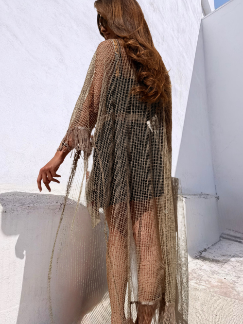 HOLLYSTIC NET KIMONO COVER UP FISHNET NATURAL TAUPE