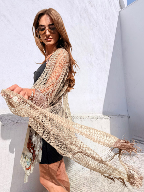 HOLLYSTIC NET KIMONO COVER UP FISHNET NATURAL TAUPE
