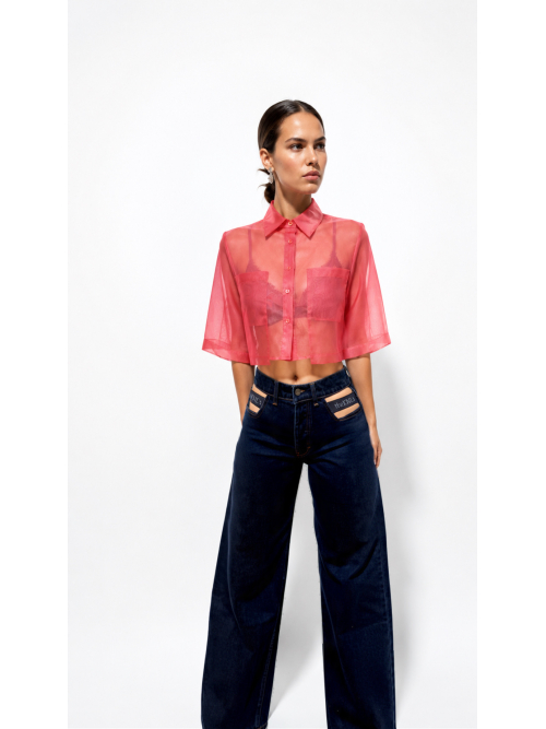 EFFECTO CROP ORGANZA SHIRT CHERRY RED