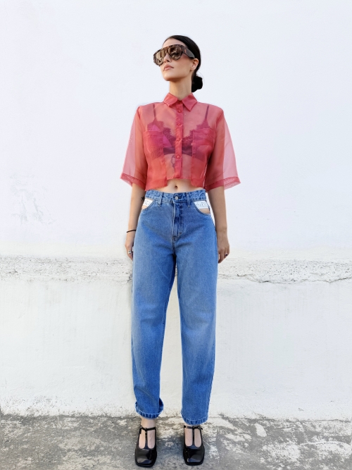 EFFECTO CROP ORGANZA SHIRT CHERRY RED