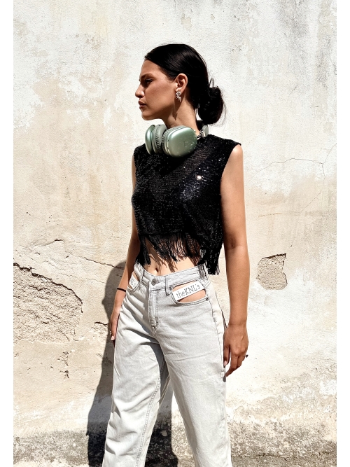 AWE FISHNET SEQUIN TOP WITH FRINGES BLACK