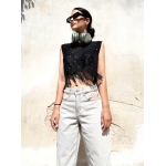 AWE FISHNET SEQUIN TOP WITH FRINGES BLACK
