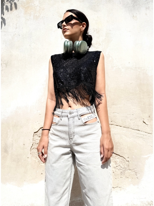 AWE FISHNET SEQUIN TOP WITH FRINGES BLACK
