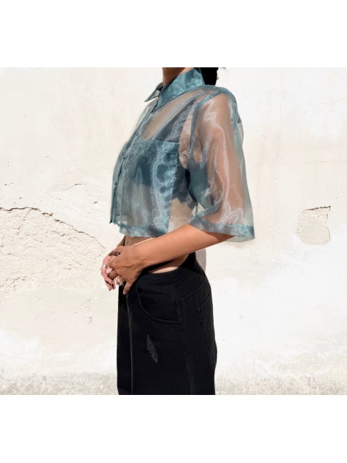 EFFECTO CROP ORGANZA SHIRT PETROLEUM BLUE