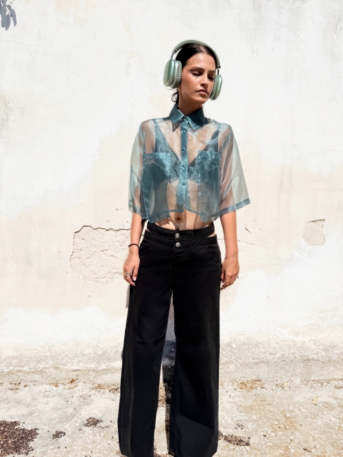 EFFECTO CROP ORGANZA SHIRT PETROLEUM BLUE