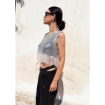 AWE FISHNET SEQUIN TOP WITH FRINGES SILVER