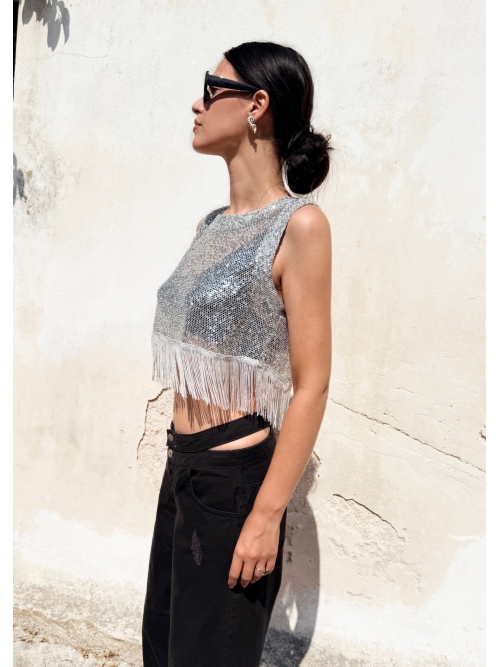 AWE FISHNET SEQUIN TOP WITH FRINGES SILVER