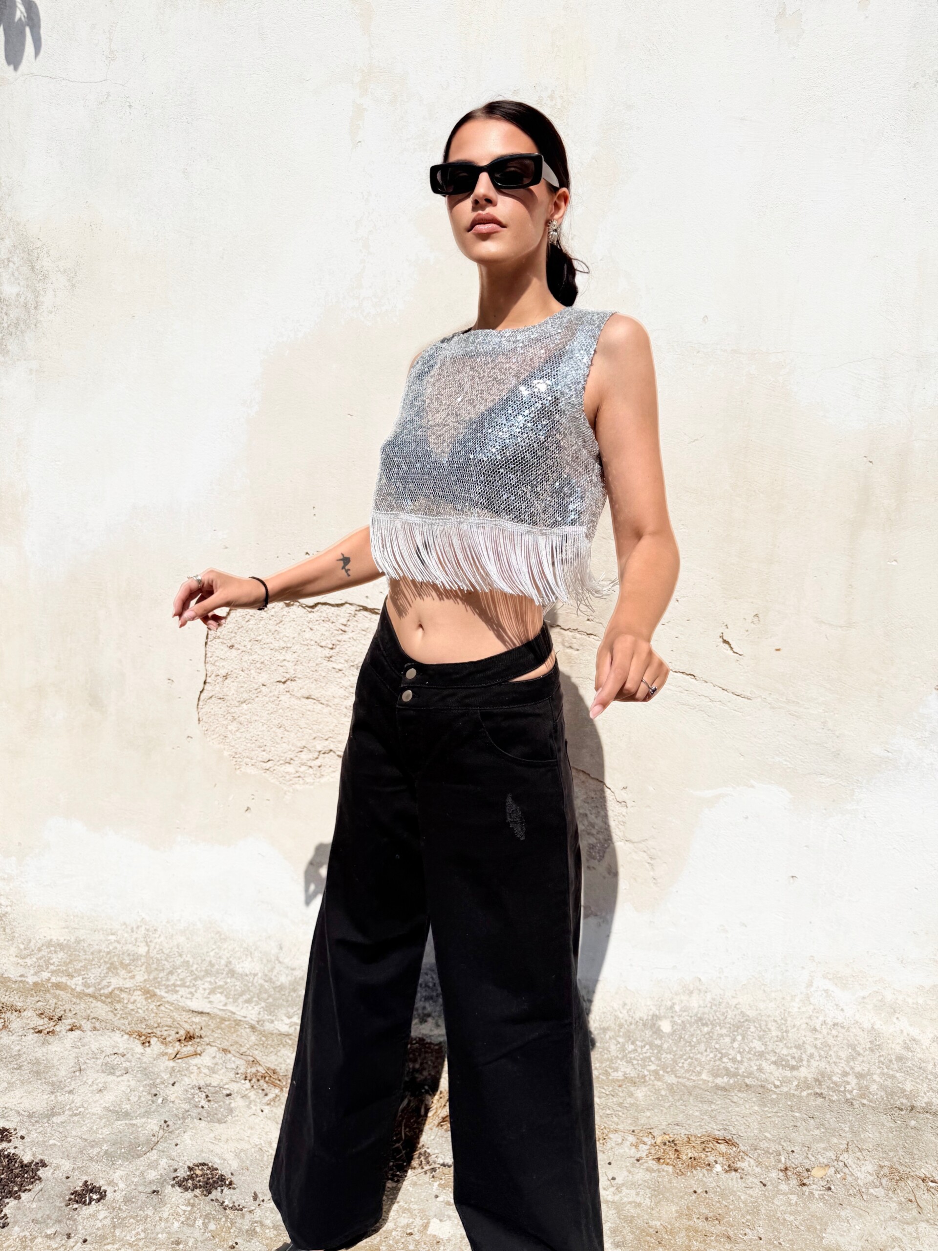 IMG_3819 AWE FISHNET SEQUIN TOP WITH FRINGES SILVER