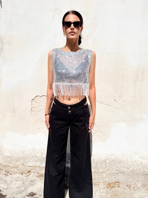 AWE FISHNET SEQUIN TOP WITH FRINGES SILVER