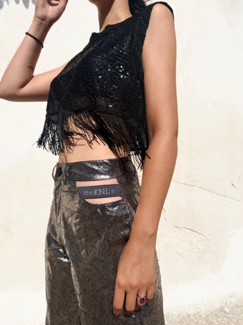 AWE FISHNET SEQUIN TOP WITH FRINGES BLACK